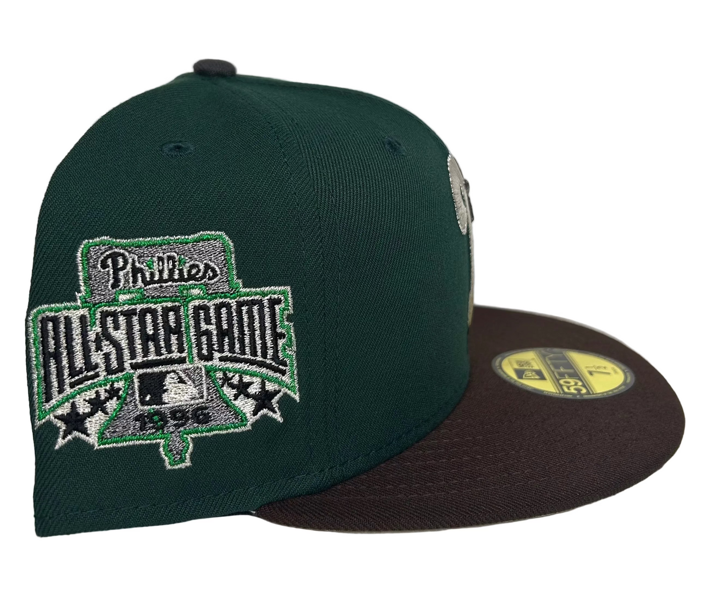 New Era Philadelphia Phillies 59FIFTY fitted cap featuring a dark green crown, brown visor, and a 1996 All-Star Game side patch.
