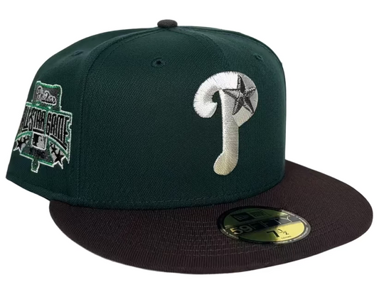 New Era Philadelphia Phillies 59FIFTY fitted cap featuring a dark green crown, brown visor, and a 1996 All-Star Game side patch.