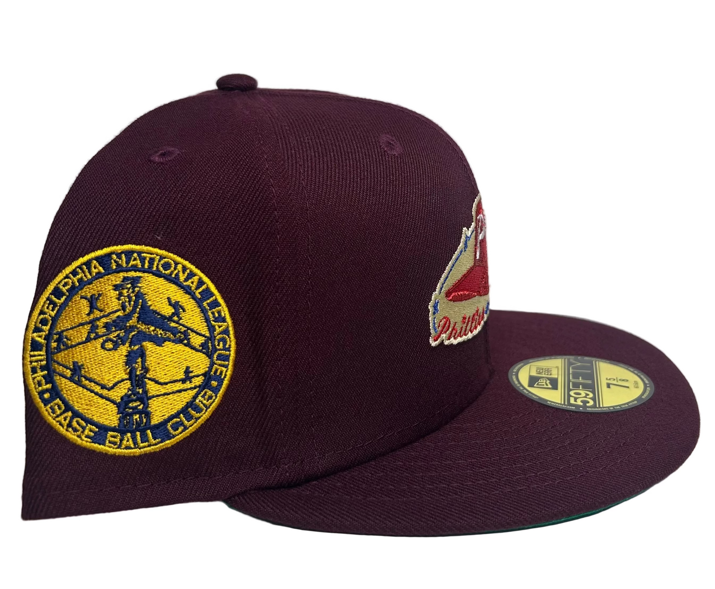 New Era Philadelphia Phillies 59FIFTY fitted hat in a maroon colorway with a specialized Phillies logo.
