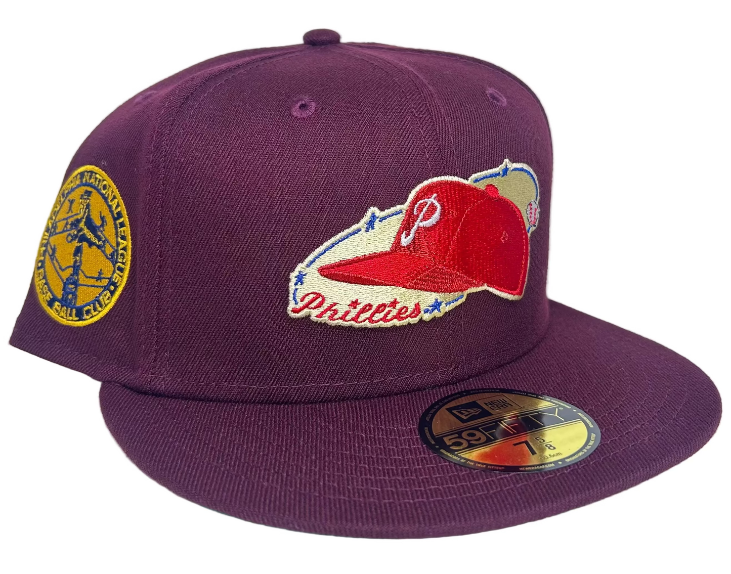 New Era Philadelphia Phillies 59FIFTY fitted hat in a maroon colorway with a specialized Phillies logo.