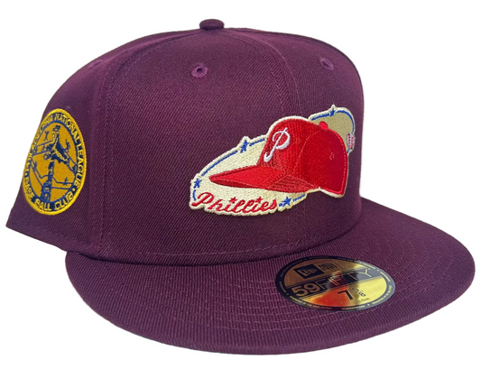 New Era Philadelphia Phillies 59FIFTY fitted hat in a maroon colorway with a specialized Phillies logo.