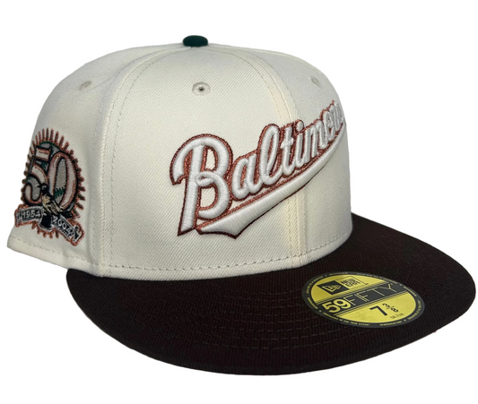 New Era 59Fifty “Nohonati x SFD” 2-Tone Off- Rushmore white / Brown Baltimore Orioles 50th Anniversary Side Patch.