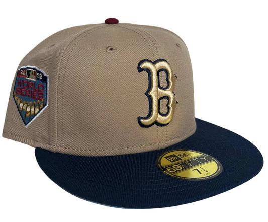 New Era Boston Red Sox Illusion 59FIFTY Fitted Hat featuring a cream-colored crown, a navy visor, and a 2018 World Series patch.
