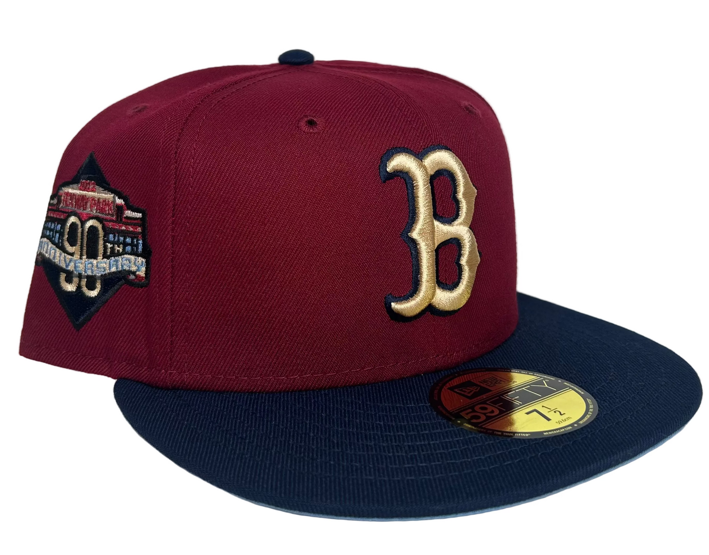 New Era Boston Red Sox State Fruit 59FIFTY fitted hat featuring a burgundy crown, navy visor, and a 90th anniversary patch.