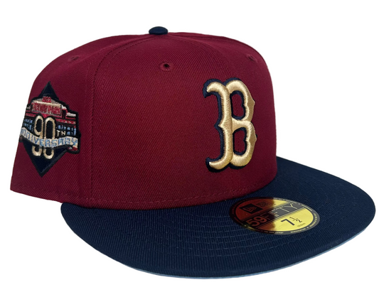 New Era Boston Red Sox State Fruit 59FIFTY fitted hat featuring a burgundy crown, navy visor, and a 90th anniversary patch.
