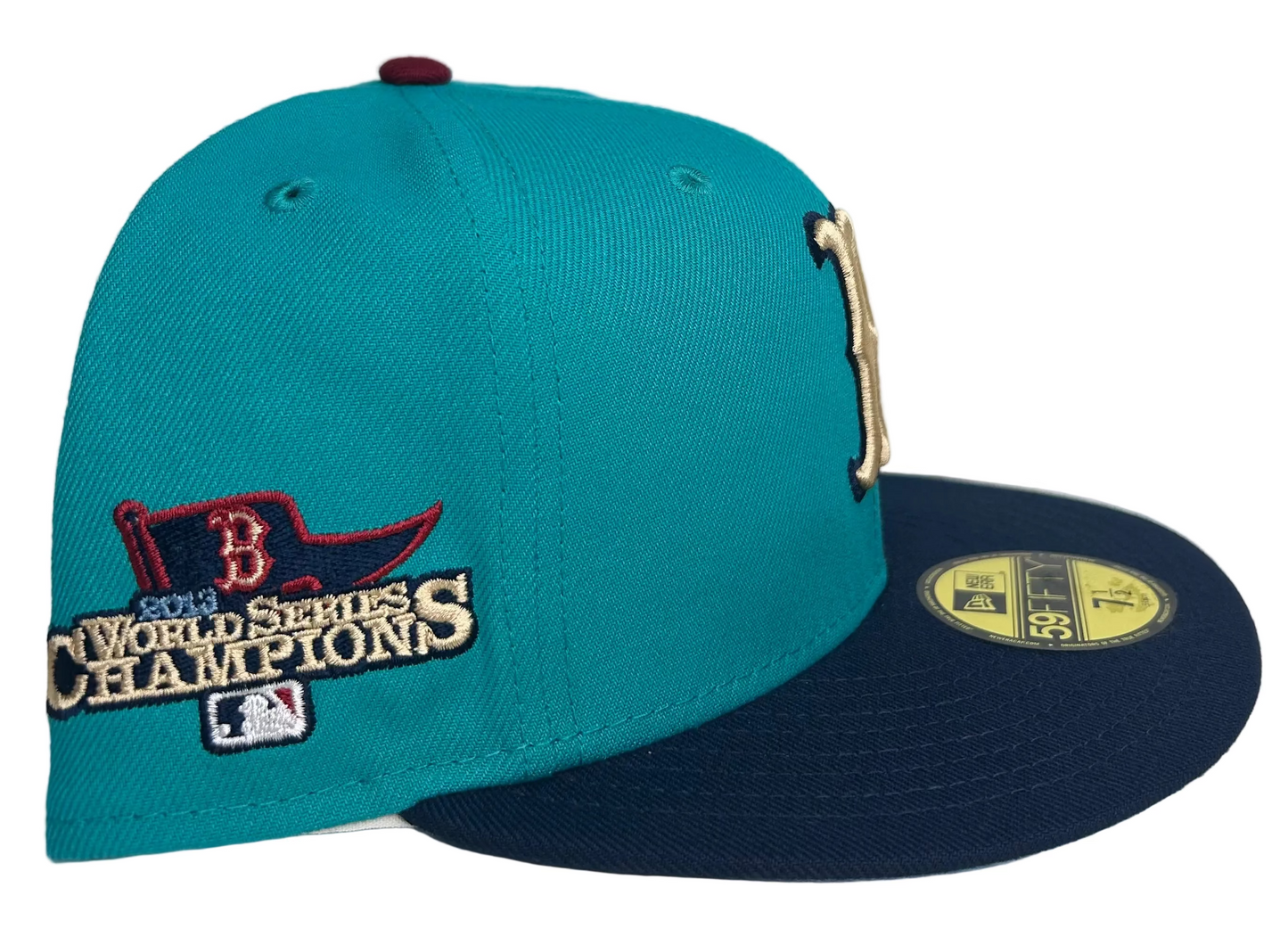 New Era Boston Red Sox 59FIFTY fitted hat featuring a teal crown, navy brim, and a 2013 World Series Champions side patch.