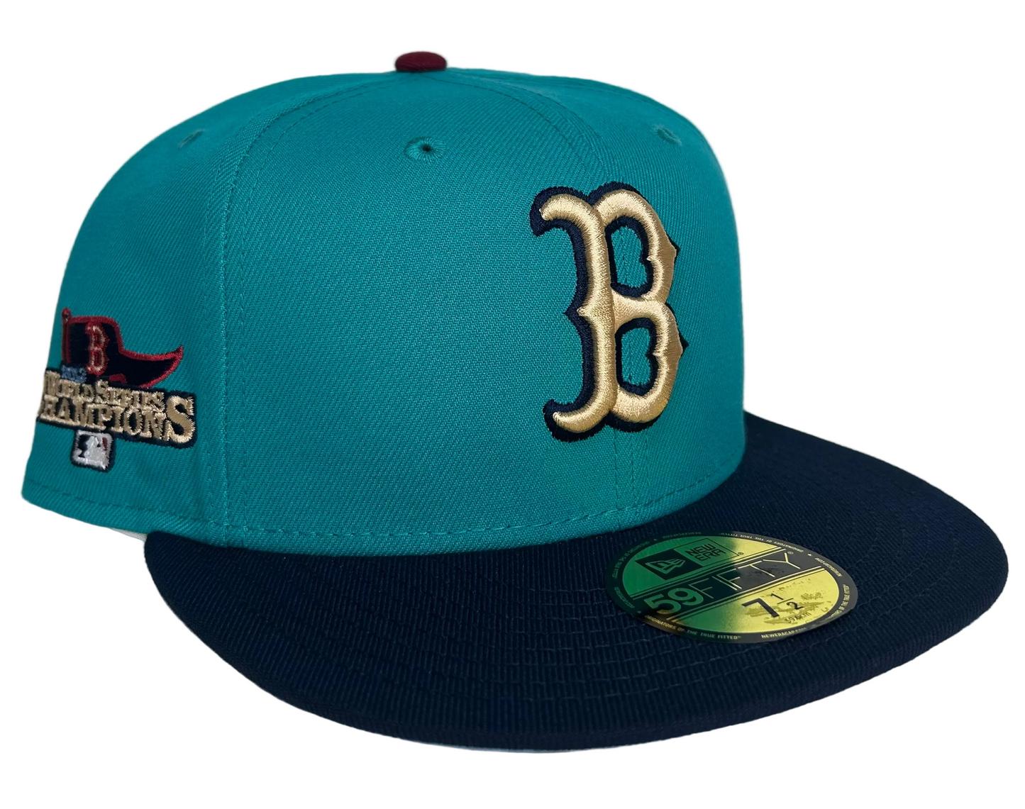 New Era Boston Red Sox 59FIFTY fitted hat featuring a teal crown, navy brim, and a 2013 World Series Champions side patch.