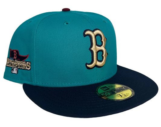 New Era Boston Red Sox 59FIFTY fitted hat featuring a teal crown, navy brim, and a 2013 World Series Champions side patch.