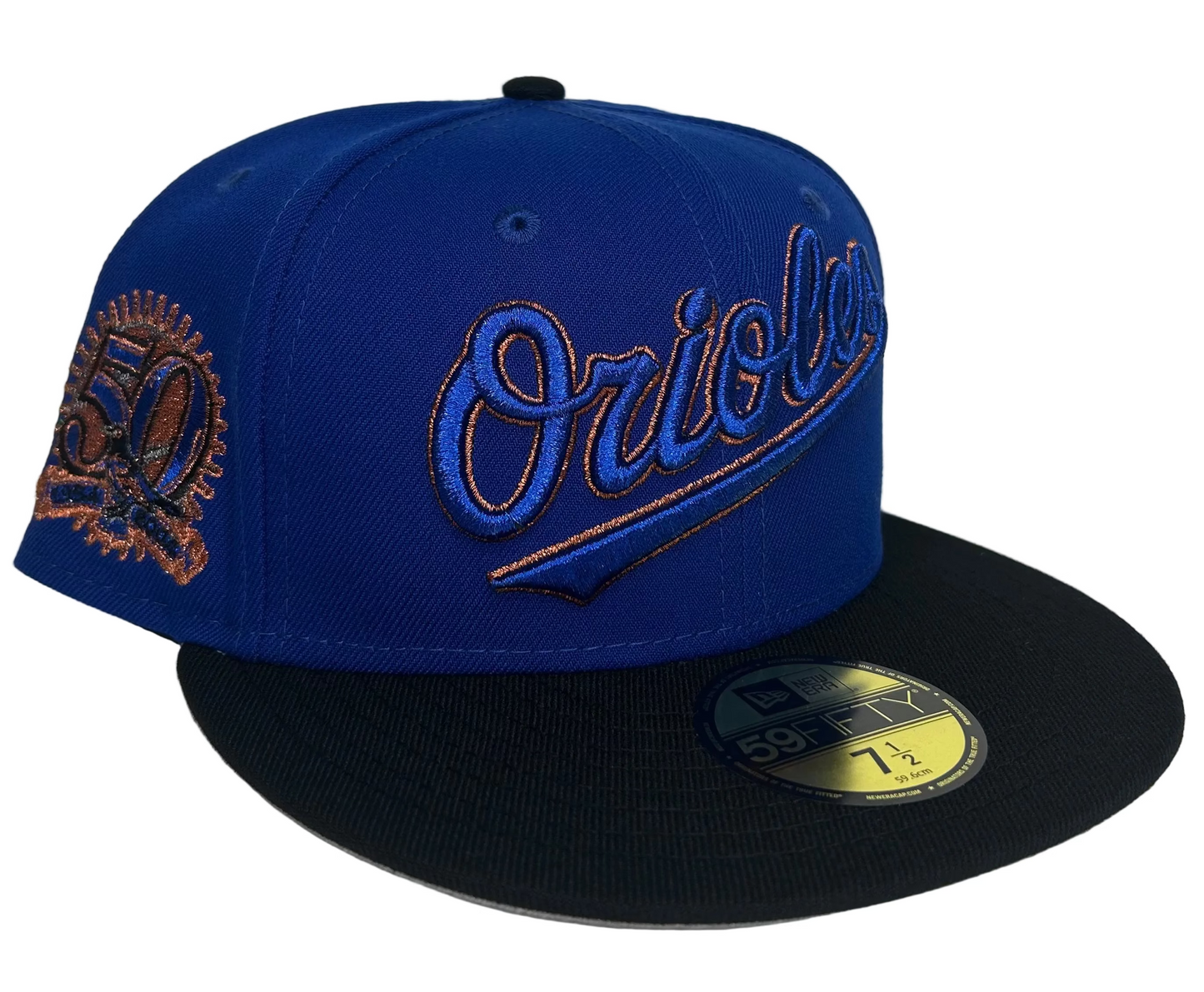 New Era Baltimore Orioles 59FIFTY fitted hat with a blue crown, black visor, and a special anniversary side patch.