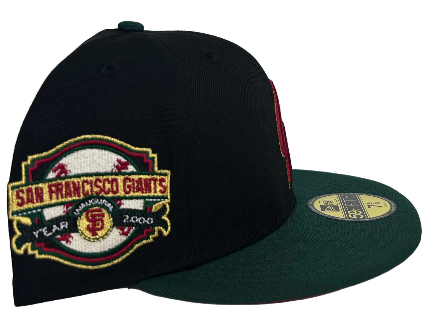 New Era 59Fifty San Francisco Giants fitted hat featuring a black crown, dark green visor, and a red embroidered "Gucci.”