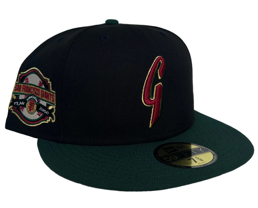 New Era 59Fifty San Francisco Giants fitted hat featuring a black crown, dark green visor, and a red embroidered "Gucci.”