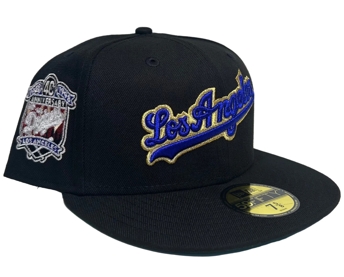 New Era Los Angeles Dodgers 59Fifty fitted cap featuring a black crown, royal blue and gold script lettering, and a commemorative side patch.