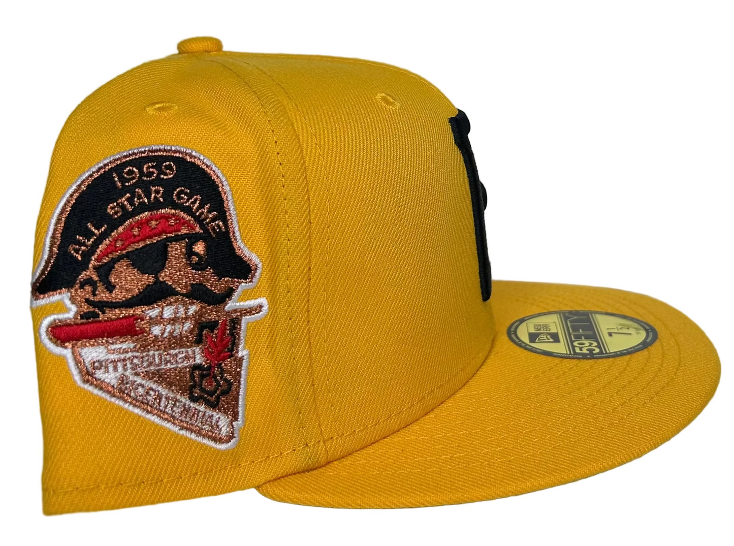 New Era Pittsburgh Pirates 59FIFTY fitted hat in gold with a 1959 All-Star Game side patch.