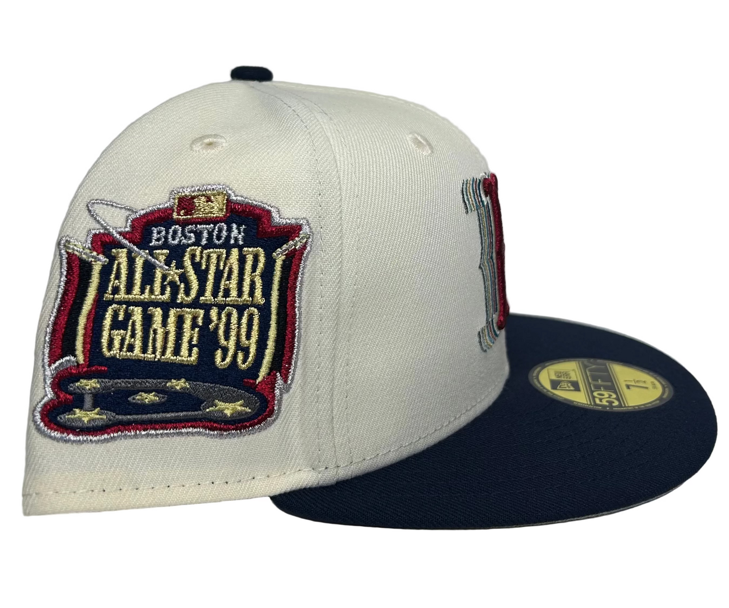 New Era 59FIFTY fitted hats featuring a multi-colored embroidered "B" logo and a 1999 All-Star Game patch.