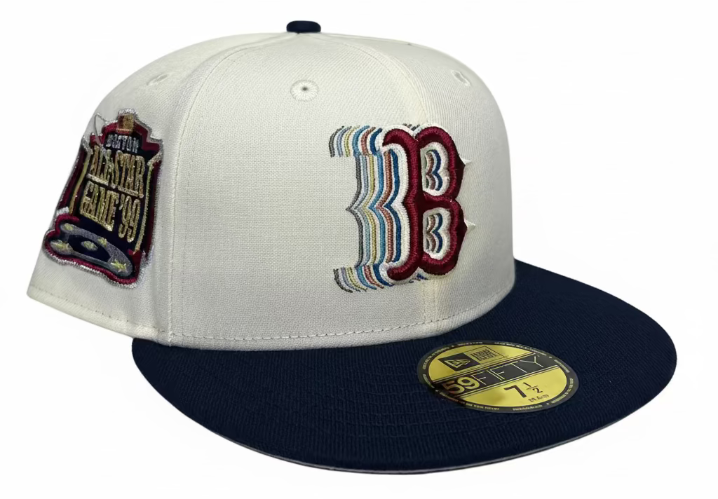New Era 59FIFTY fitted hats featuring a multi-colored embroidered "B" logo and a 1999 All-Star Game patch.