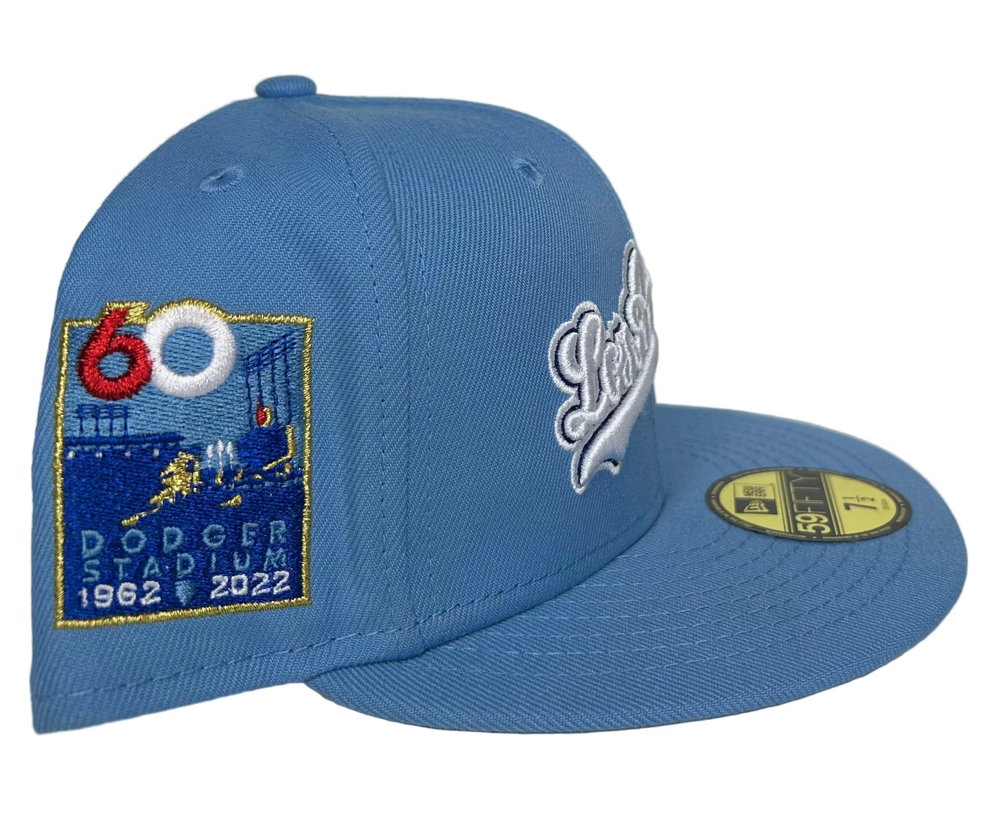 New Era Los Angeles Dodgers 59FIFTY fitted hat in a sky blue color featuring a 60th anniversary patch on the side.