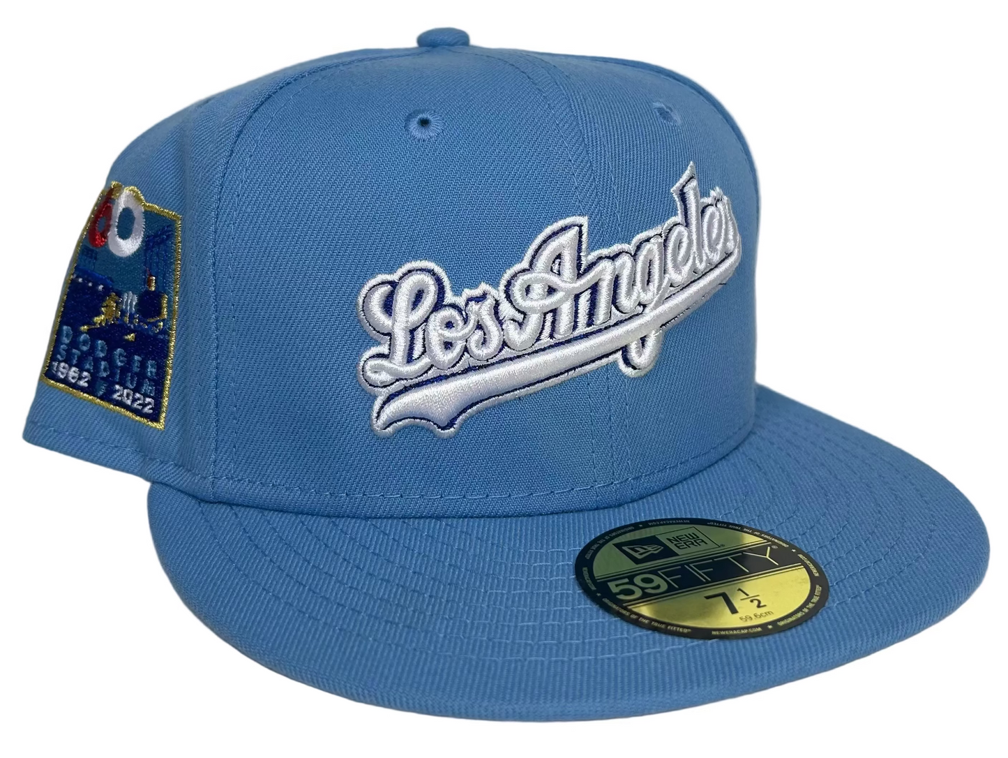 New Era Los Angeles Dodgers 59FIFTY fitted hat in a sky blue color featuring a 60th anniversary patch on the side.