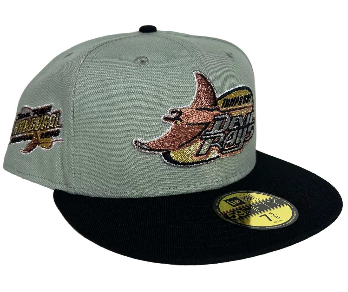 New Era 59FIFTY Tampa Bay Devil Rays 1998 Inaugural Season fitted hat featuring a gray crown and black brim.