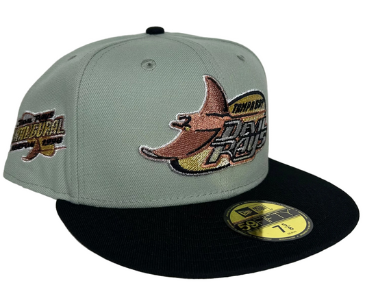 New Era 59FIFTY Tampa Bay Devil Rays 1998 Inaugural Season fitted hat featuring a gray crown and black brim.