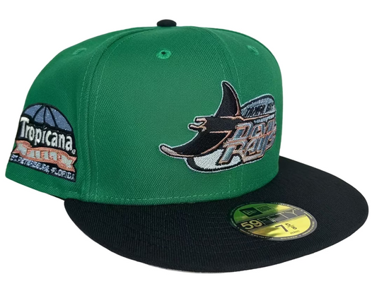 New Era Tampa Bay Rays 59FIFTY fitted hat featuring a green crown, black visor, and a Tropicana Field side patch.