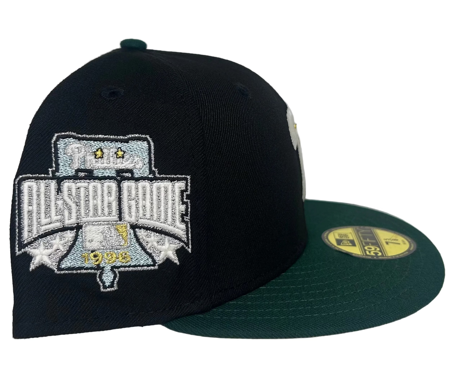 New Era Philadelphia Phillies 59FIFTY fitted hat with a black crown and green visor featuring a 1996 All-Star Game patch.