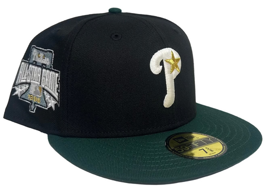 New Era Philadelphia Phillies 59FIFTY fitted hat with a black crown and green visor featuring a 1996 All-Star Game patch.
