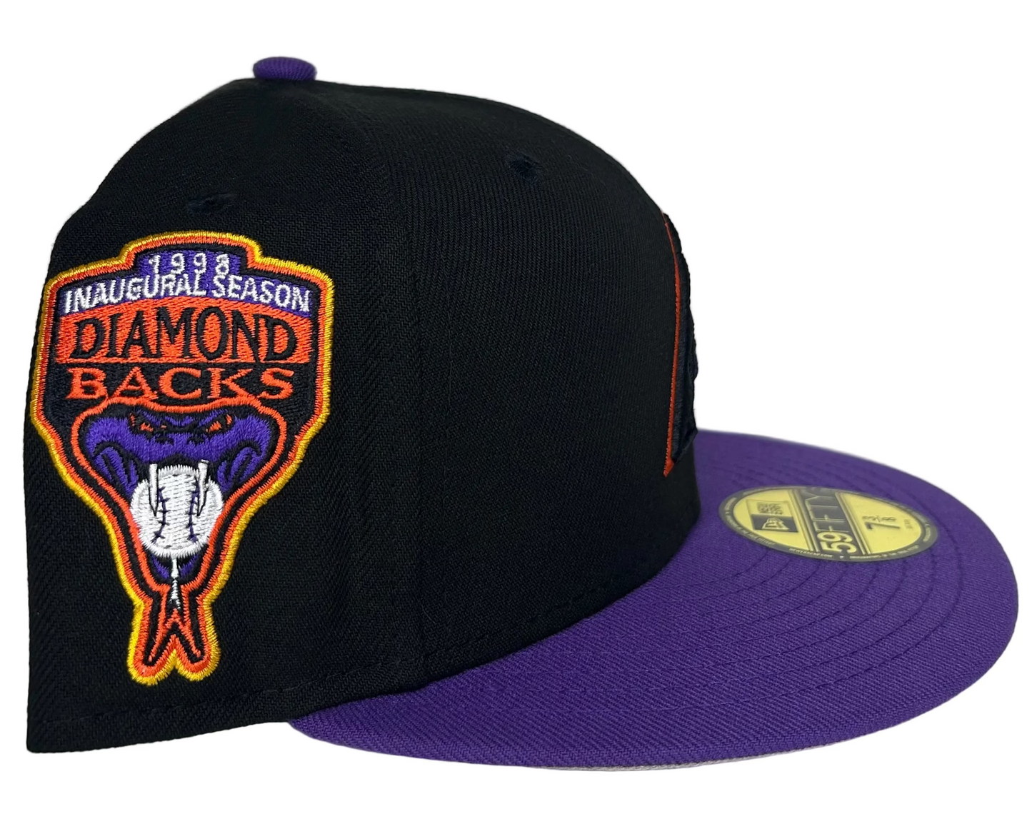New Era 59FIFTY Arizona Diamondbacks fitted hat in black and purple featuring a 1998 inaugural season side patch.