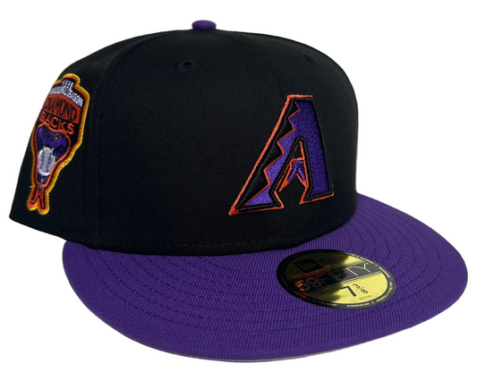 New Era 59FIFTY Arizona Diamondbacks fitted hat in black and purple featuring a 1998 inaugural season side patch.