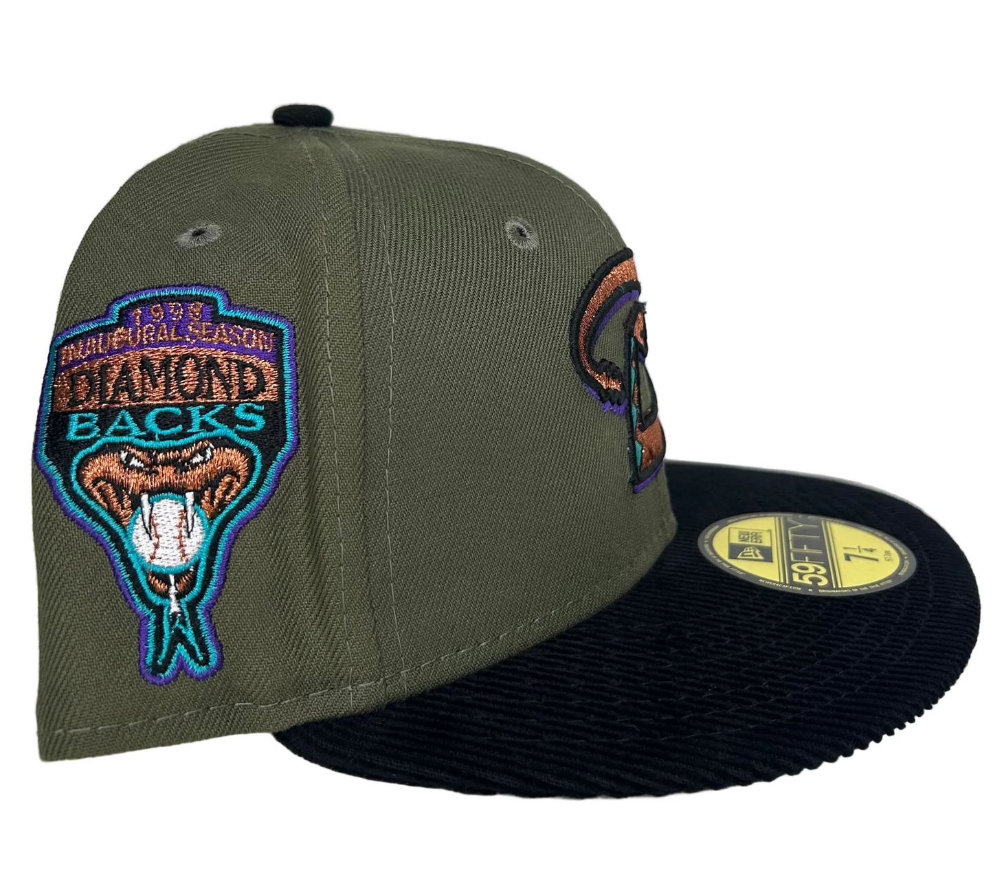 New Era 59FIFTY Arizona Diamondbacks Inaugural Olive Black Corduroy fitted hat.