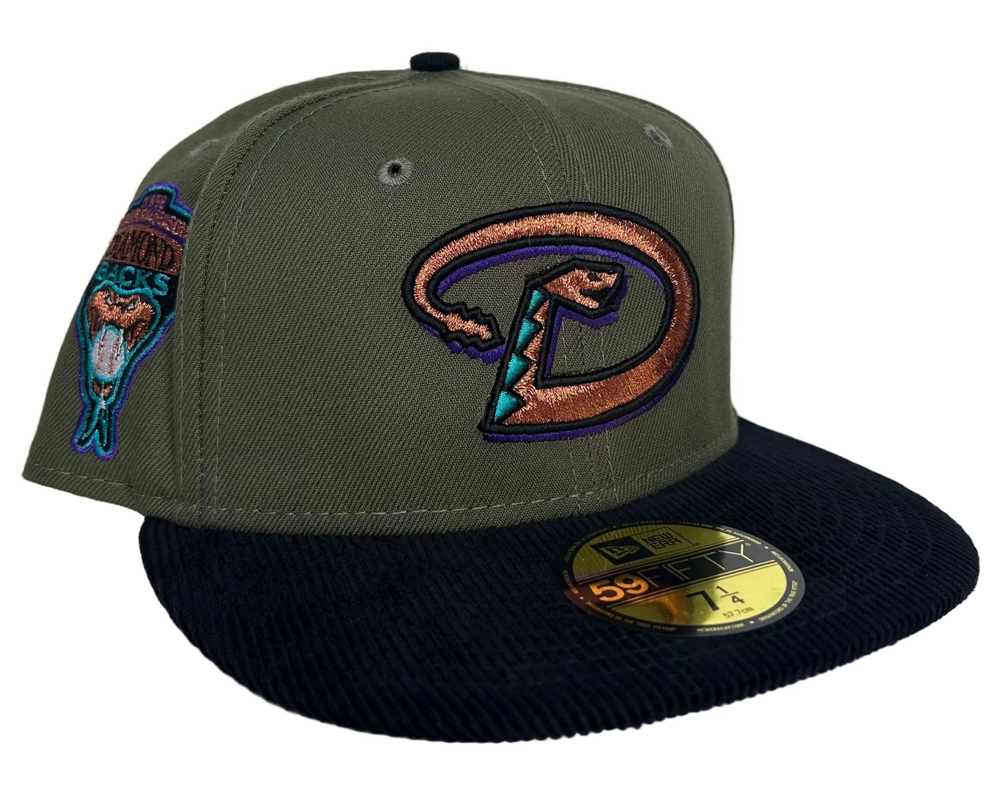 New Era 59FIFTY Arizona Diamondbacks Inaugural Olive Black Corduroy fitted hat.