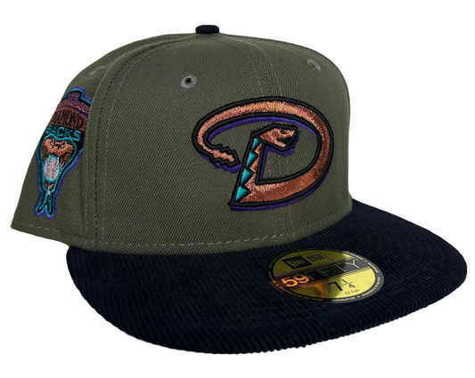 New Era 59FIFTY Arizona Diamondbacks Inaugural Olive Black Corduroy fitted hat.