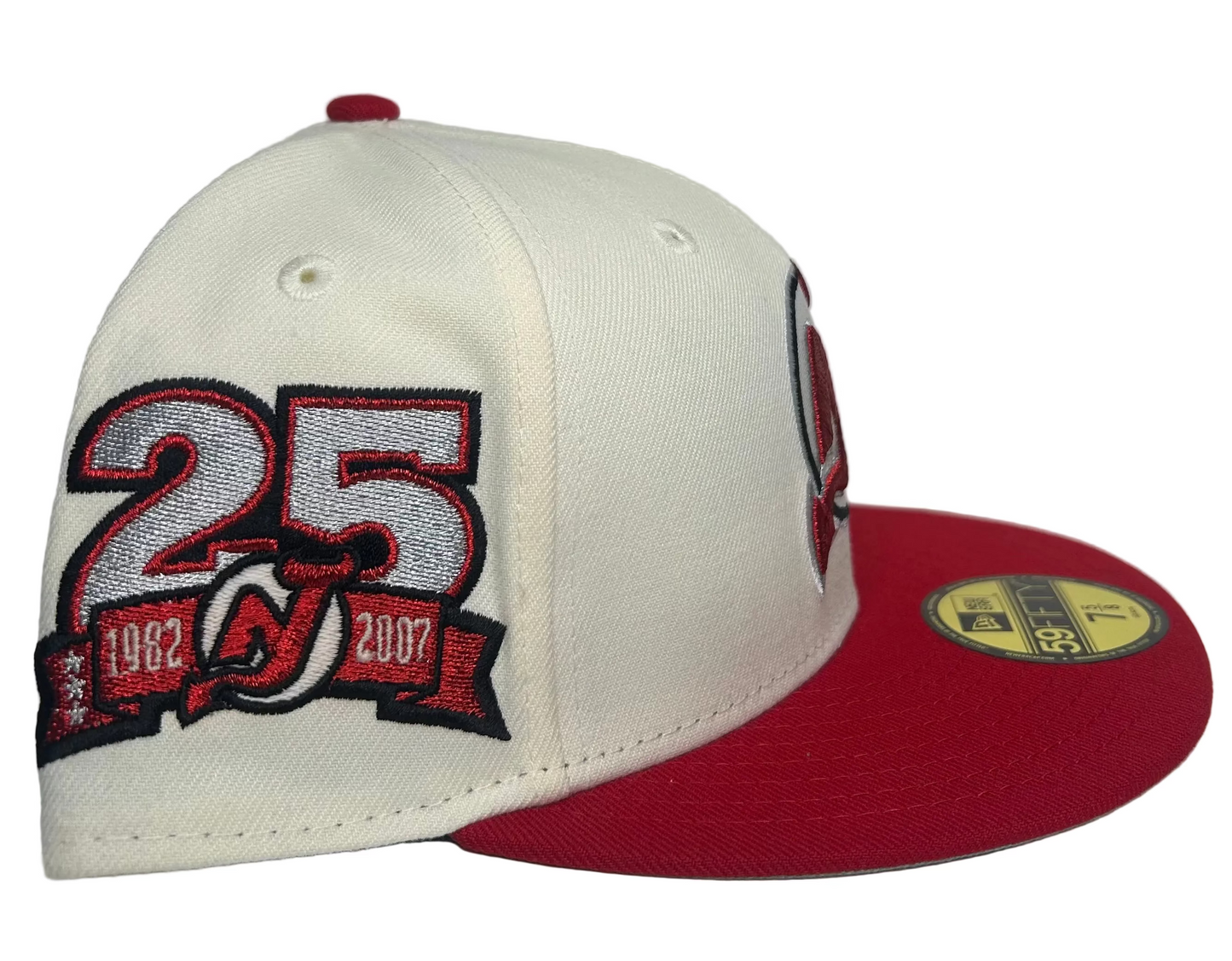 New Era New Jersey Devils 25th Anniversary 59FIFTY fitted cap in a white and red colorway.
