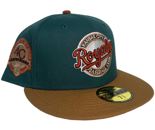 New Era Kansas City Royals 59FIFTY fitted cap featuring a green crown, brown visor, and a 40th anniversary side patch.