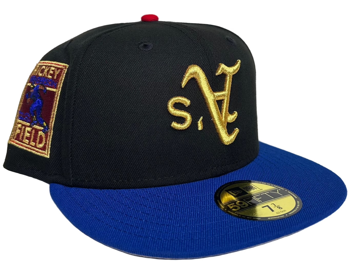 New Era Oakland Athletics 59FIFTY fitted cap featuring a black crown, royal blue visor, and an upside-down yellow embroidered logo.