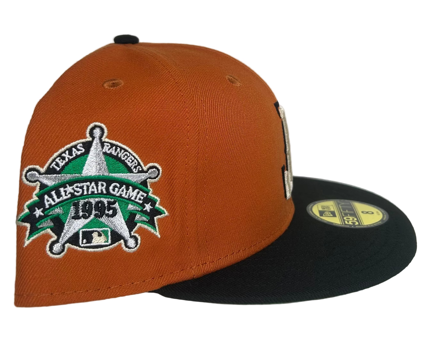 New Era Texas Rangers 59FIFTY fitted hat featuring a burnt orange crown, black visor, and a 1995 All-Star Game side patch.