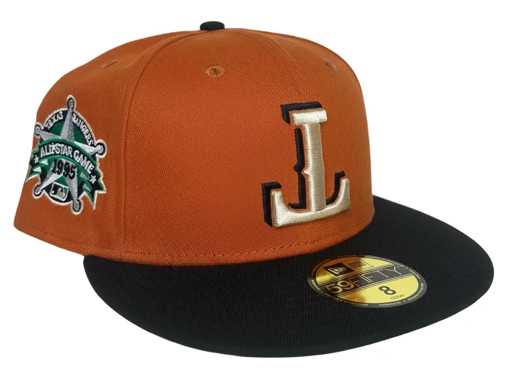 New Era Texas Rangers 59FIFTY fitted hat featuring a burnt orange crown, black visor, and a 1995 All-Star Game side patch.