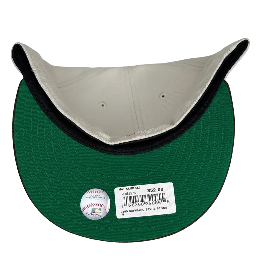 New Era San Francisco Giants script fitted hat featuring a 25th anniversary side patch.
