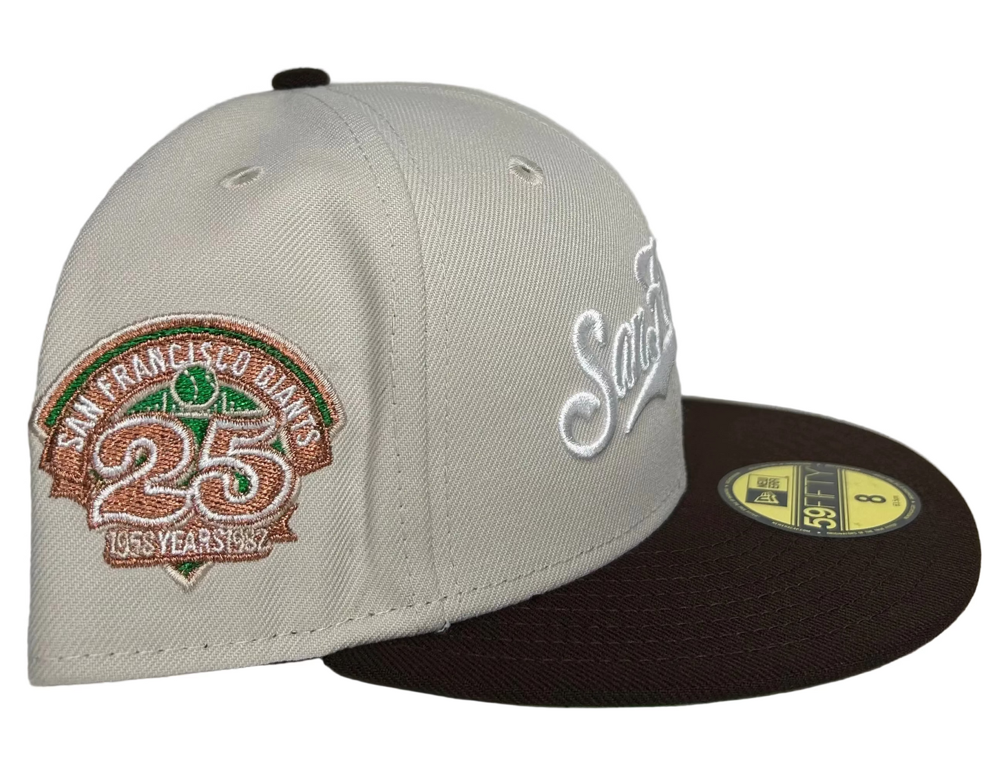 New Era San Francisco Giants script fitted hat featuring a 25th anniversary side patch.
