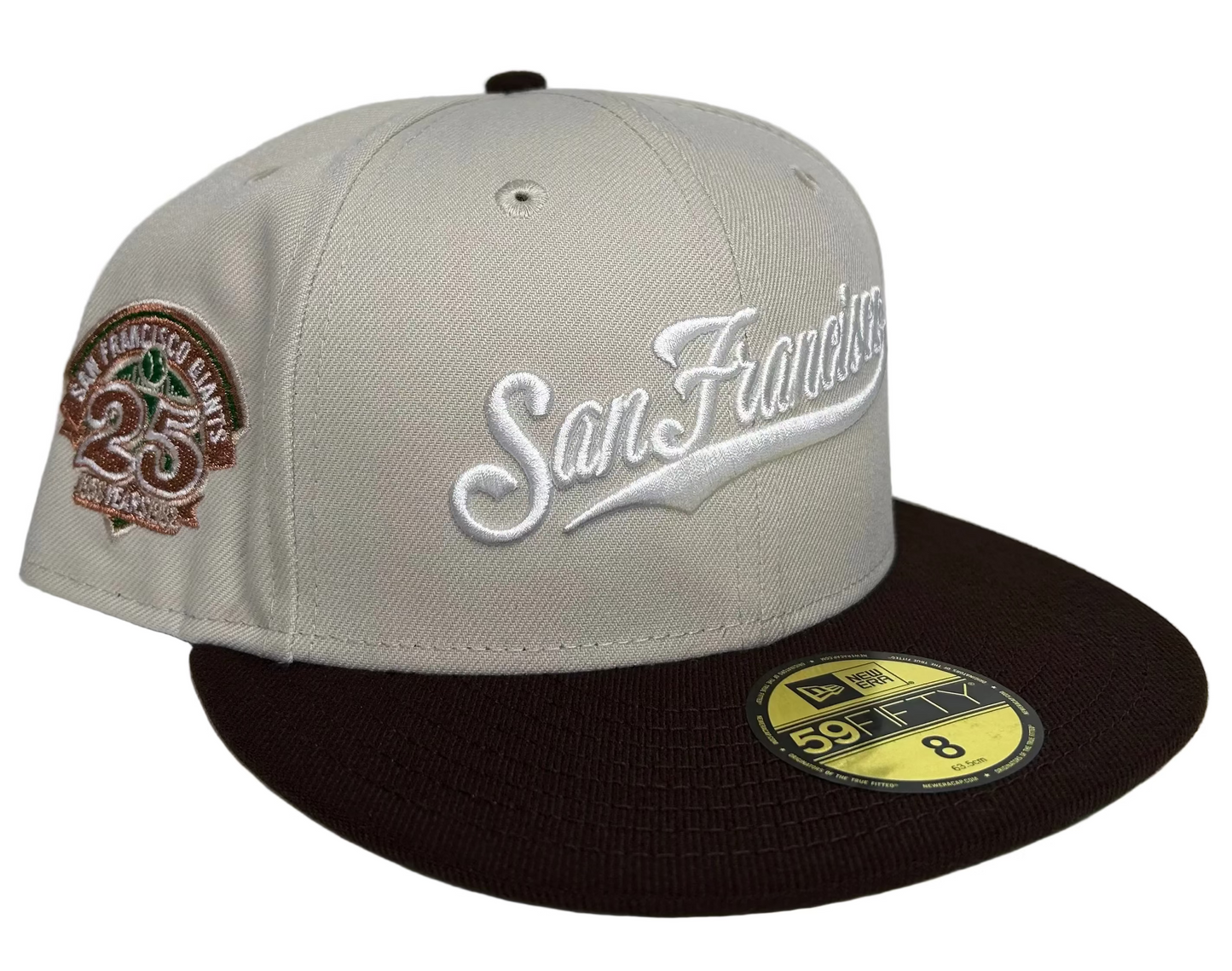 New Era San Francisco Giants script fitted hat featuring a 25th anniversary side patch.