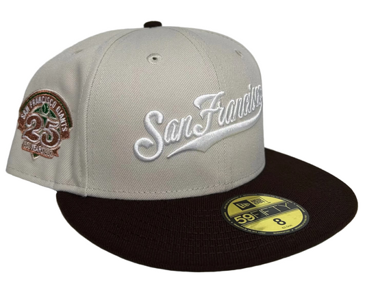 New Era San Francisco Giants script fitted hat featuring a 25th anniversary side patch.