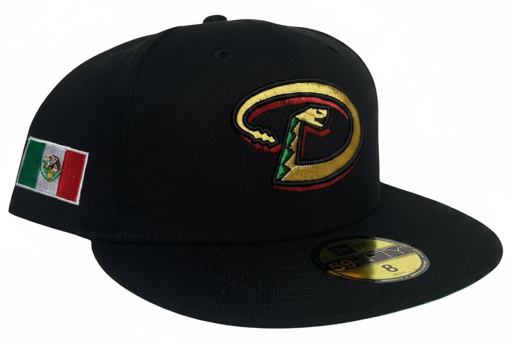 New Era Arizona Diamondbacks "Mexico Flag" 59FIFTY fitted hat in black with a metallic-style team logo.