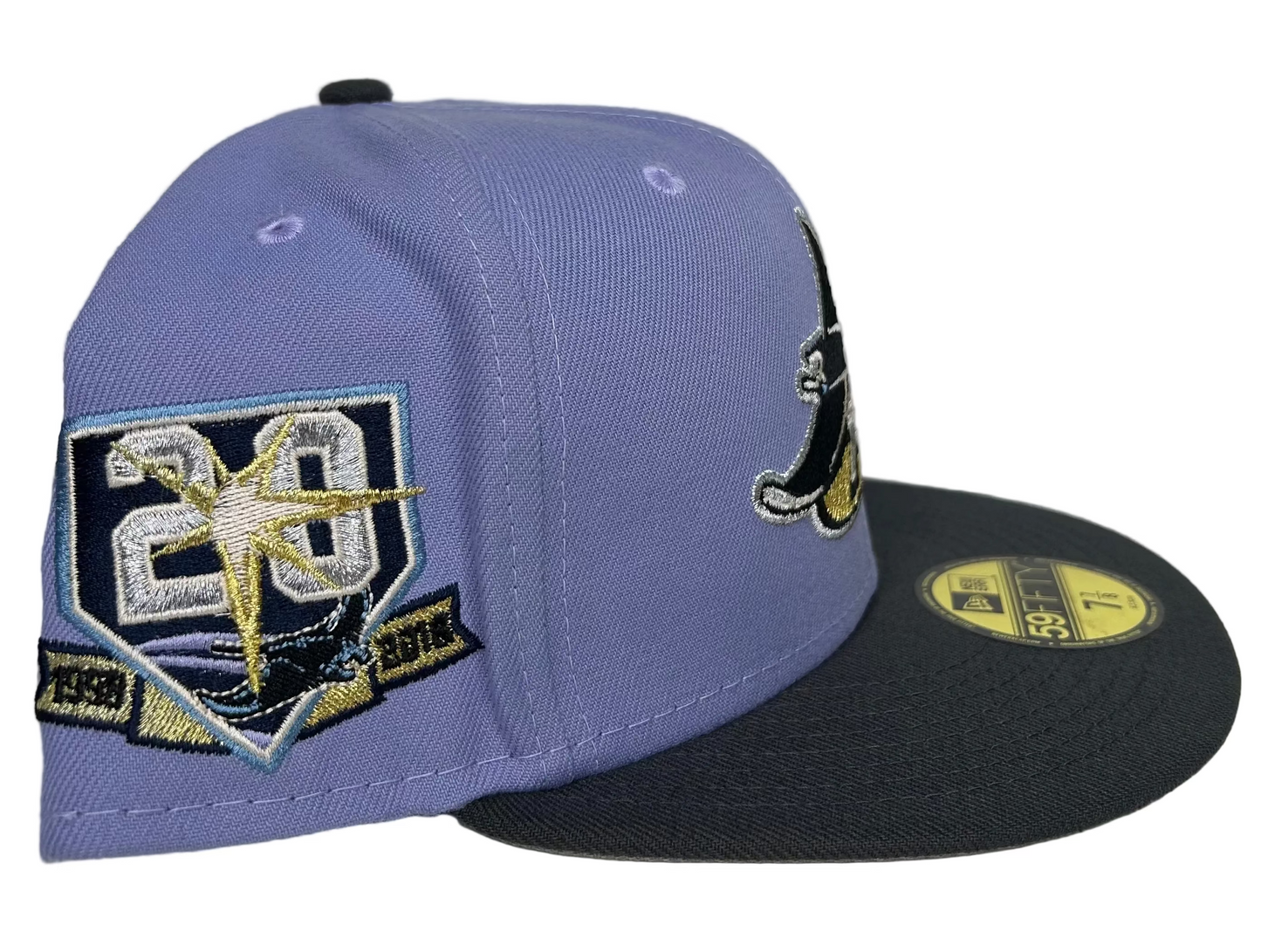 New Era 59Fifty Tampa Bay Devil Rays fitted hat, featuring a purple crown and dark visor, identified from the Purple Storm Pack.
