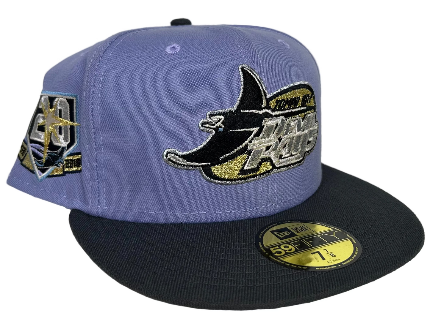 New Era 59Fifty Tampa Bay Devil Rays fitted hat, featuring a purple crown and dark visor, identified from the Purple Storm Pack.