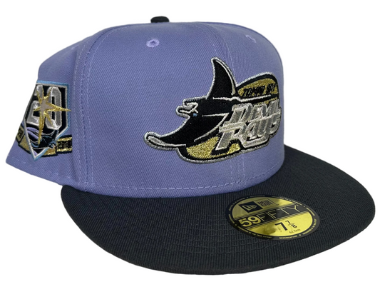 New Era 59Fifty Tampa Bay Devil Rays fitted hat, featuring a purple crown and dark visor, identified from the Purple Storm Pack.