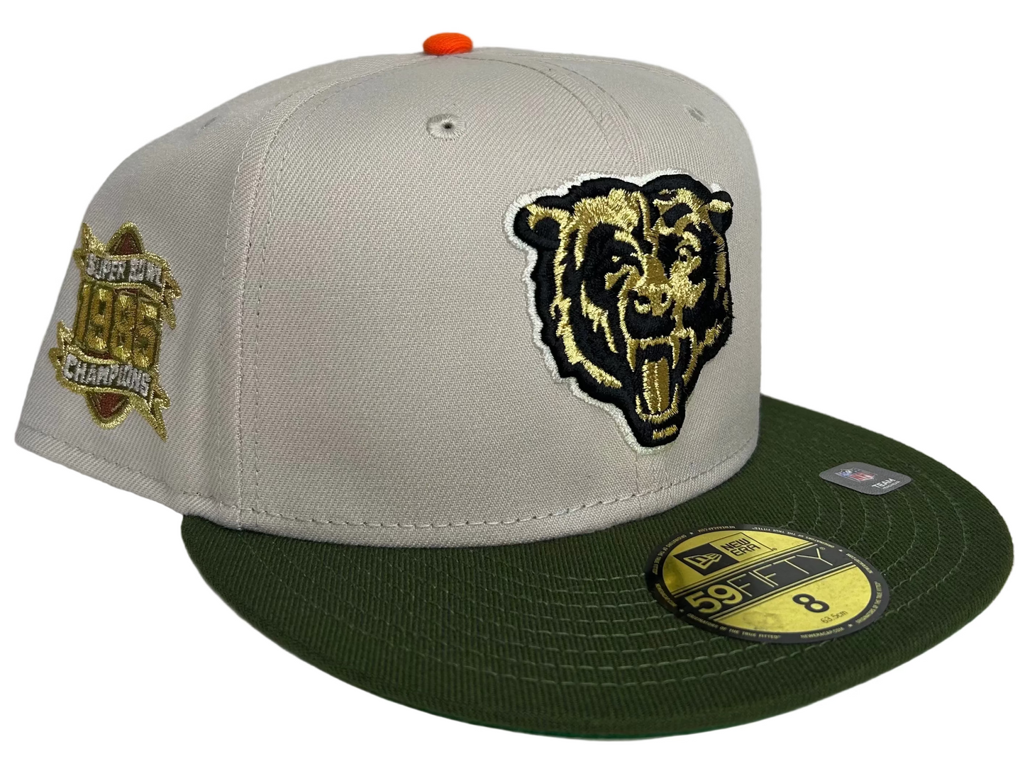New Era Chicago Bears 59FIFTY fitted hat with a tan crown, green brim, and a "Super Bowl 1985 Champions" patch on the side.
