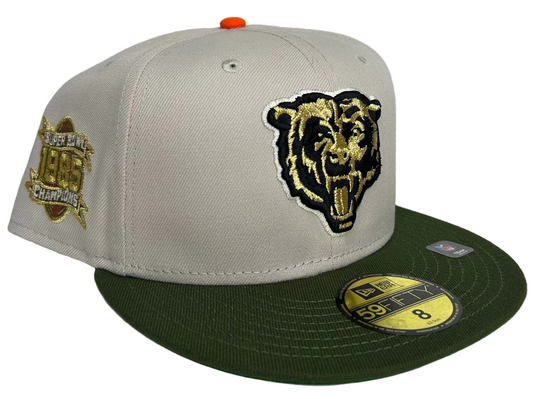 New Era Chicago Bears 59FIFTY fitted hat with a tan crown, green brim, and a "Super Bowl 1985 Champions" patch on the side.