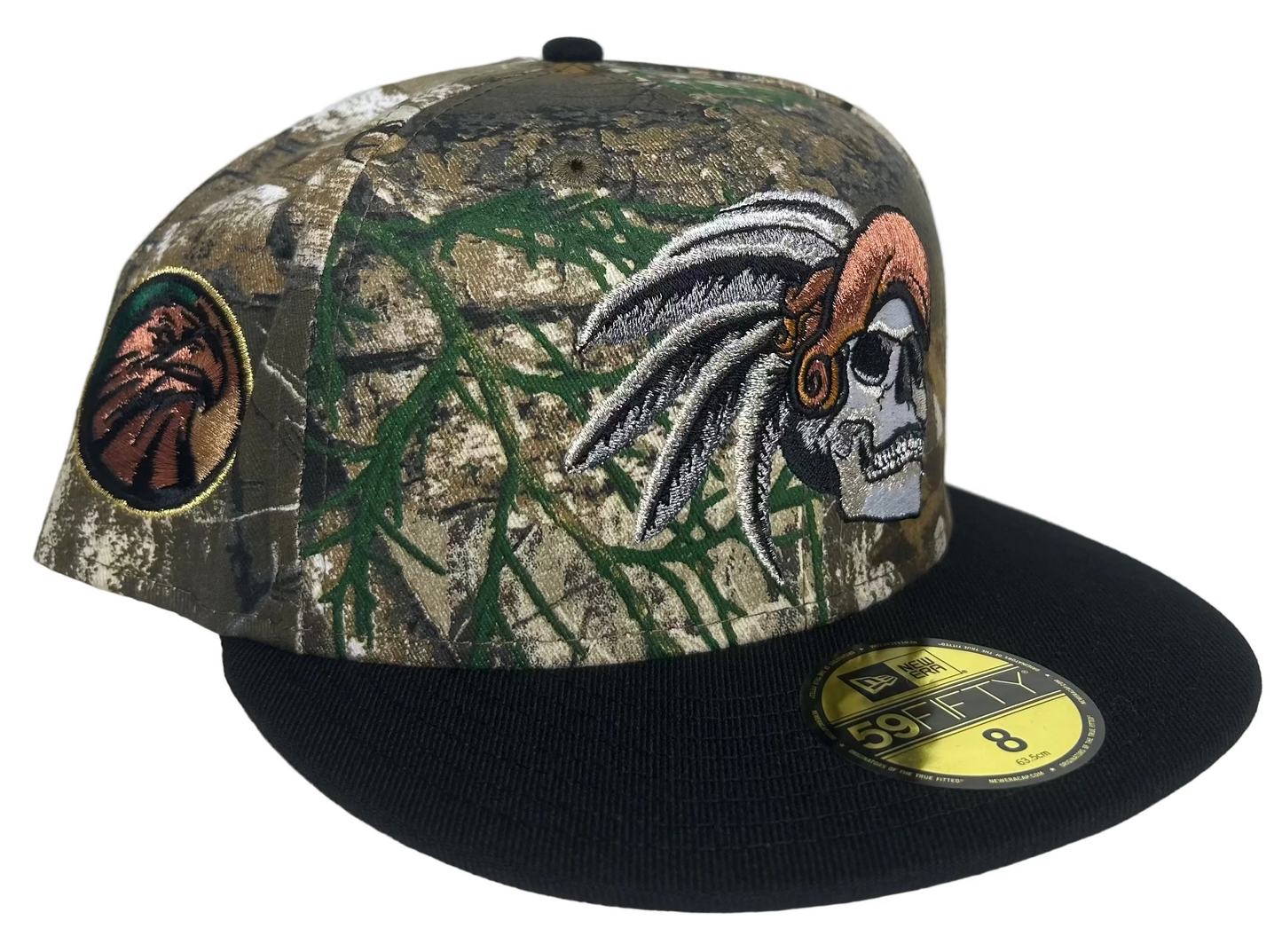 New Era Mexico Aztec Skull Warrior 59FIFTY fitted cap featuring a camouflage crown and black visor.