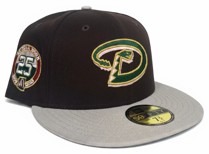 New Era Arizona Diamondbacks 59Fifty fitted hat featuring a chocolate brown crown, a light gray visor, and a 25th anniversary side patch.