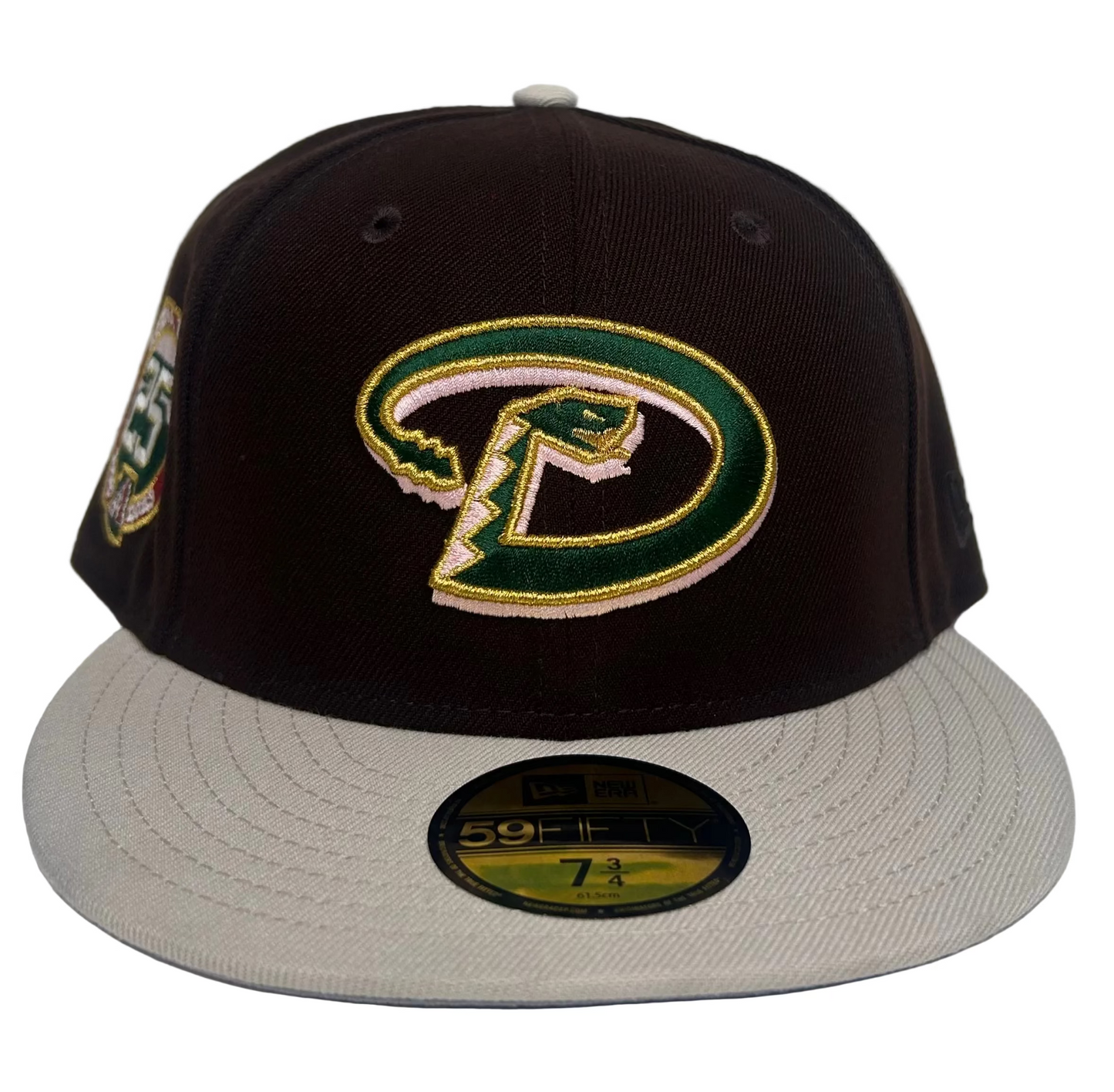 New Era Arizona Diamondbacks 59Fifty fitted hat featuring a chocolate brown crown, a light gray visor, and a 25th anniversary side patch.