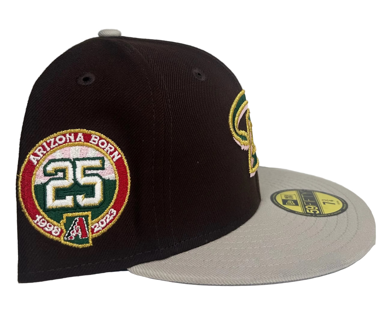 New Era Arizona Diamondbacks 59Fifty fitted hat featuring a chocolate brown crown, a light gray visor, and a 25th anniversary side patch.
